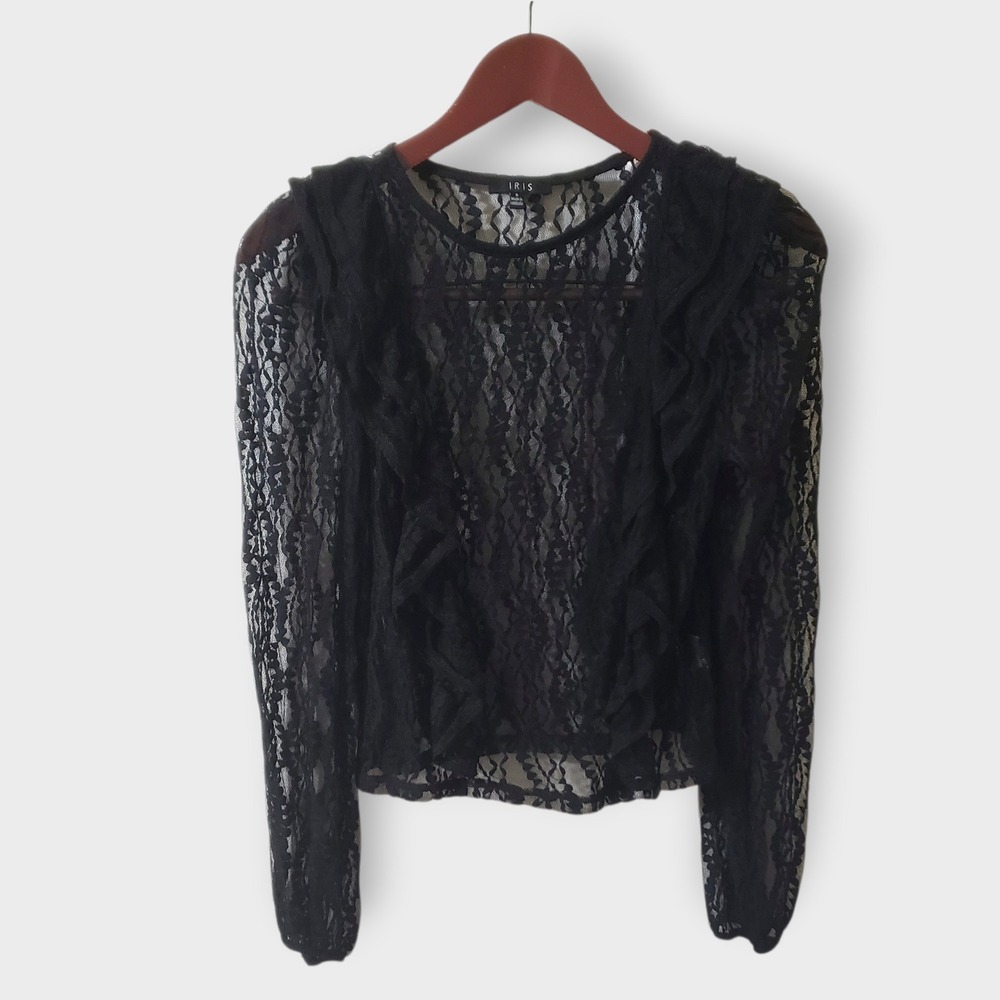 IRIS Black Sheer Floral‎ Lace Ruffle Front Blouse Top Juniors Small Gothic Y2K